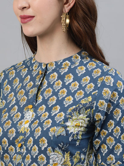 Women's Blue Floral Printed A-Line Kurta
