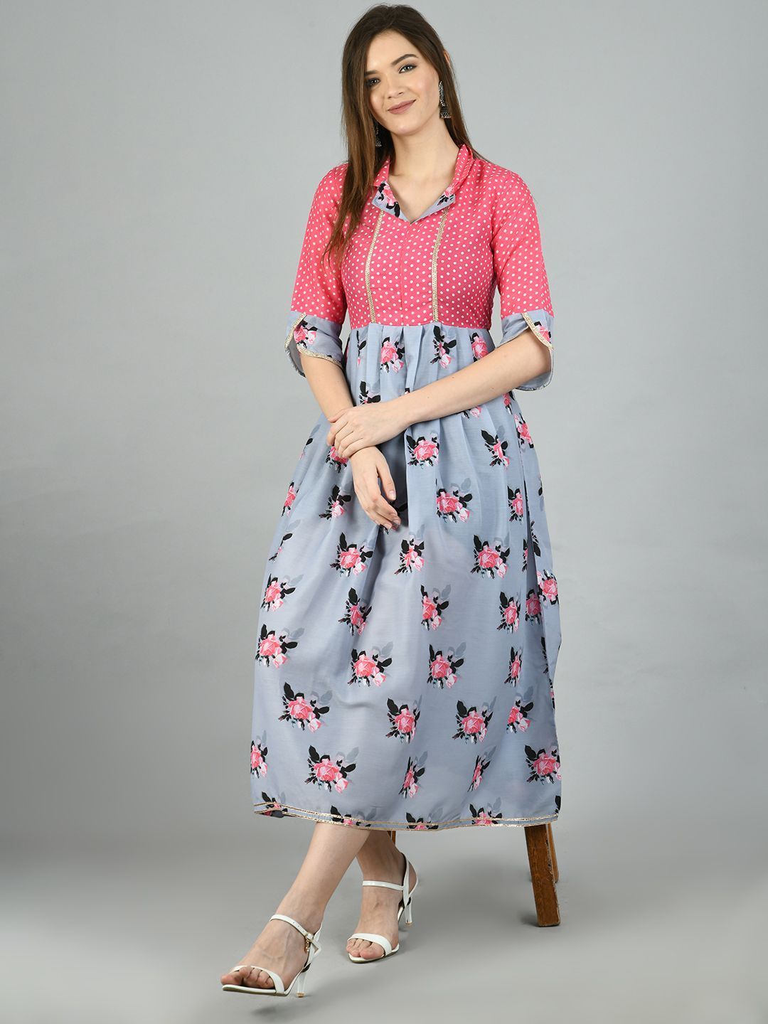 Women's Multi Polyester Printed 3/4 Sleeve Shirt Coller Casual Dress