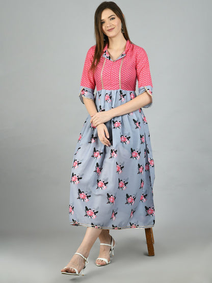 Women's Multi Polyester Printed 3/4 Sleeve Shirt Coller Casual Dress