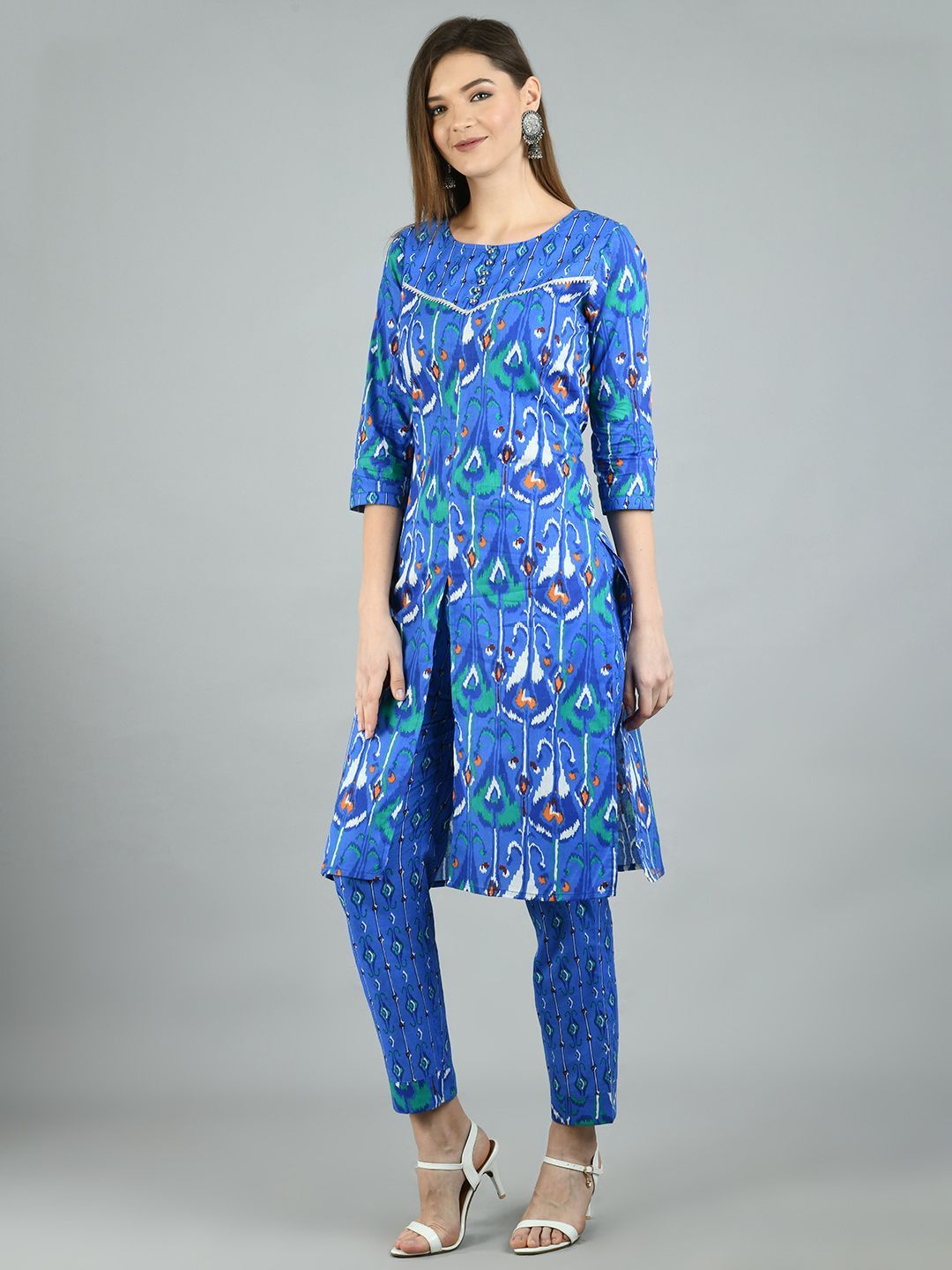 Women's Blue Cotton Printed 3/4 Sleeve Round Neck Casual Kurta Pant Set
