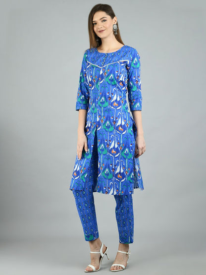 Women's Blue Cotton Printed 3/4 Sleeve Round Neck Casual Kurta Pant Set