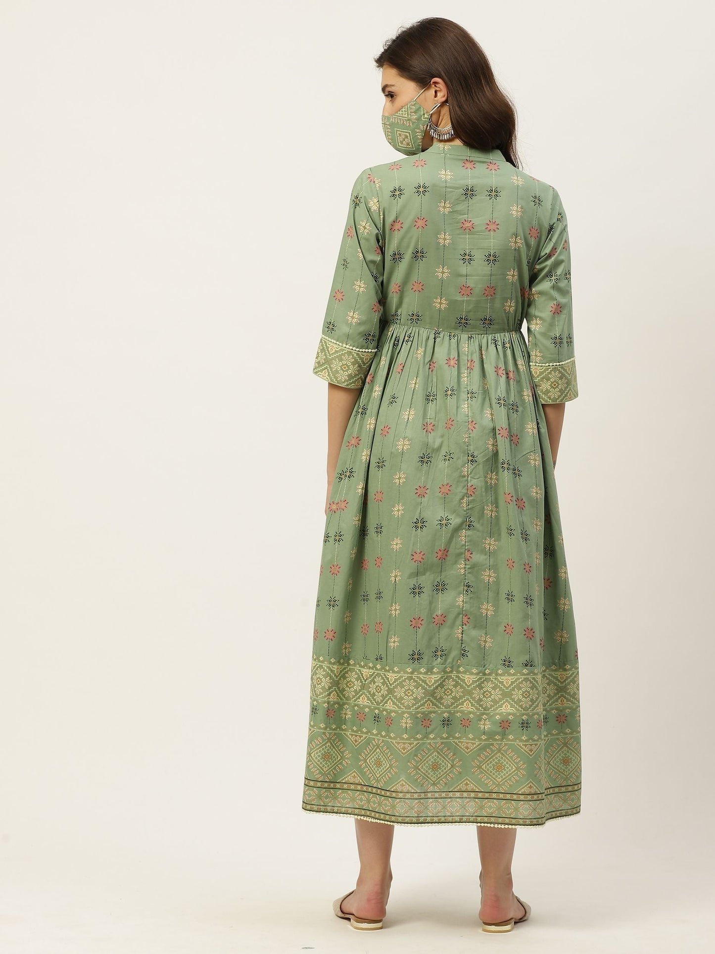 Women's Mexican Printed Flared Kurta Dress With Mask