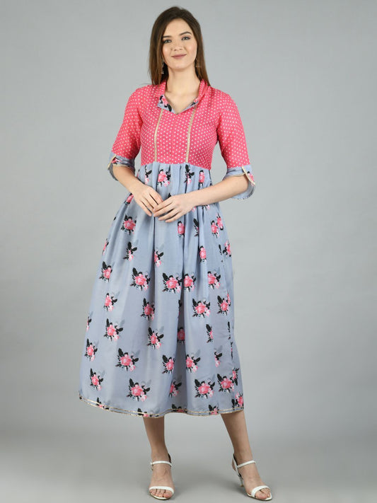 Women's Multi Polyester Printed 3/4 Sleeve Shirt Coller Casual Dress