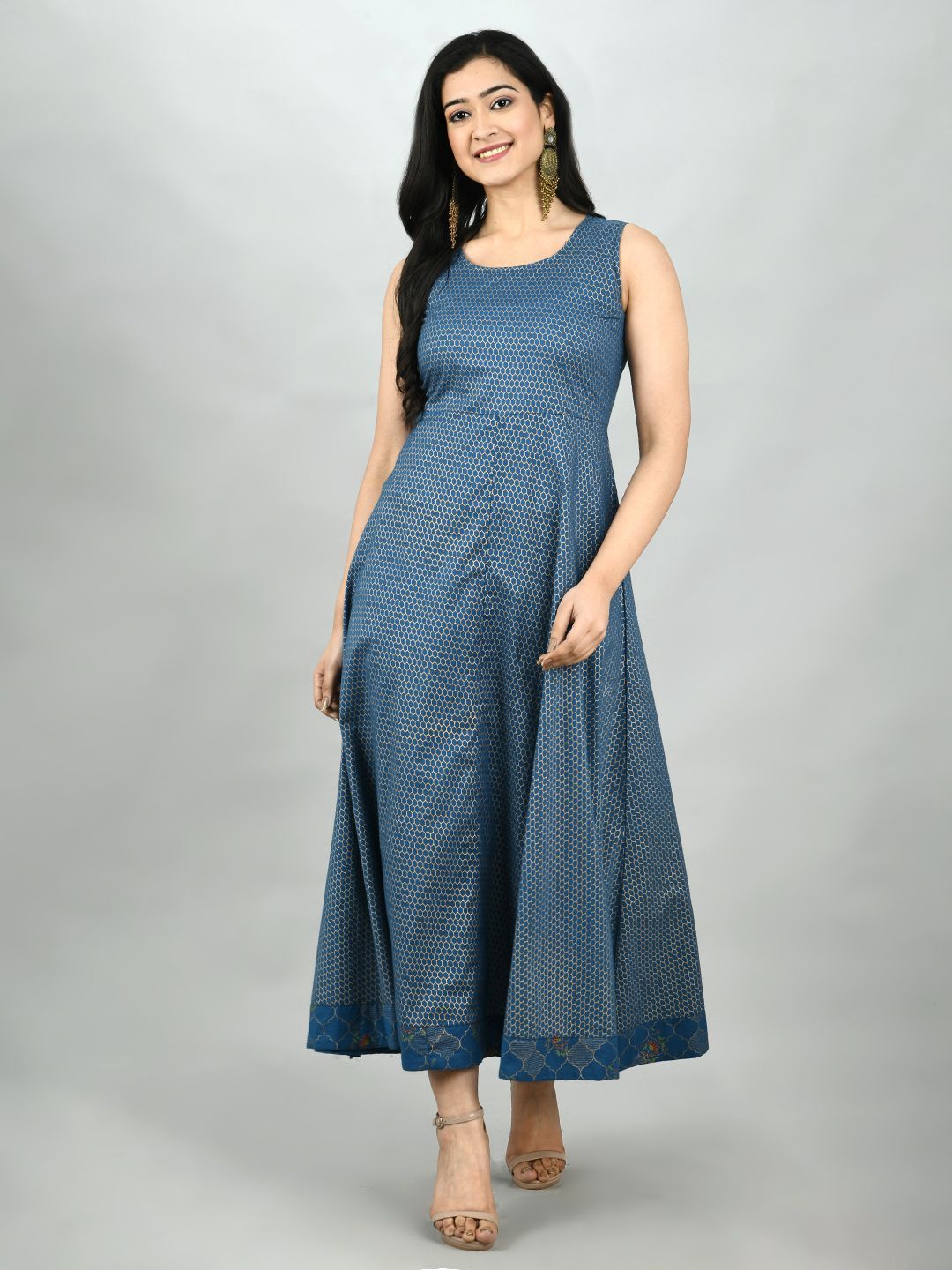 Women's Blue Cotton Printed Full Sleeve Mandarin Neck Casual Kurta Jacket Set