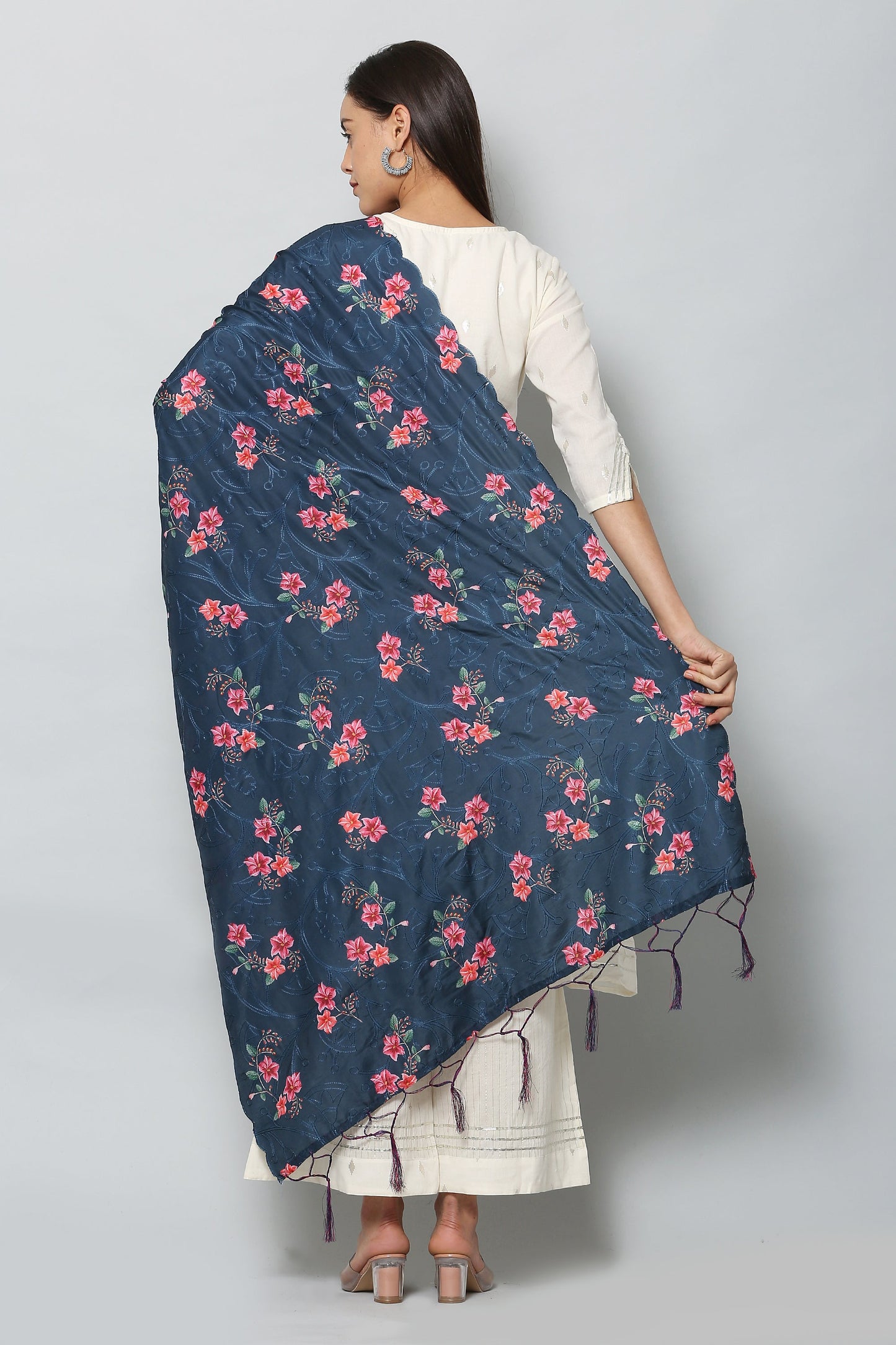 Women's Navy Blue Color Art Muslin Embroidery and Digital Printed Dupatta