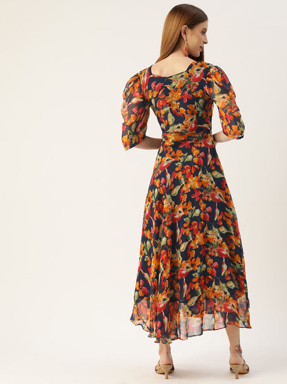 Women's Blue Color Gerogette Printed A-Line Flared Dress