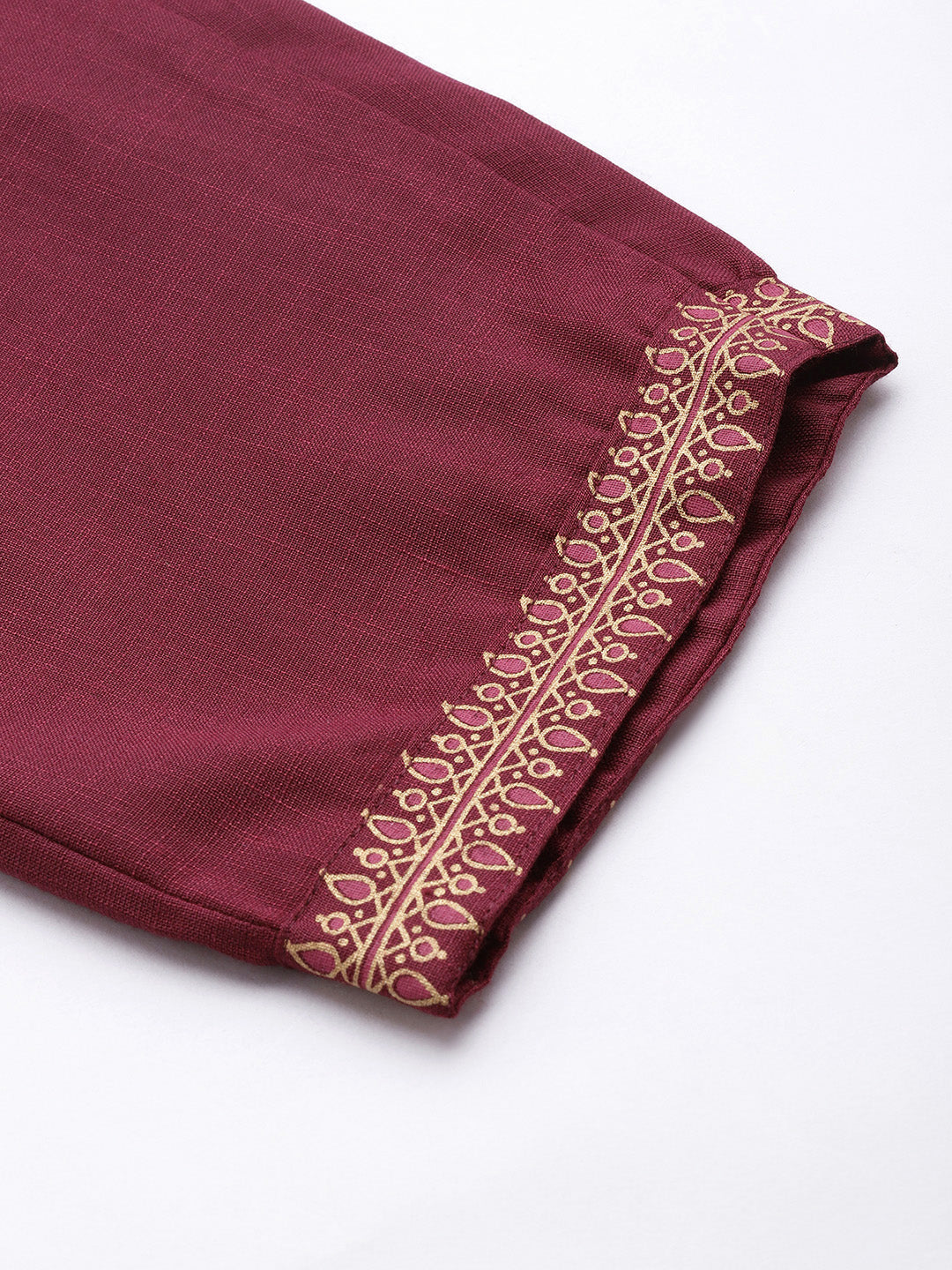Women's Wine Cotton Blend Panelled Printed Straight Kurta Trouser Set With Dupatta