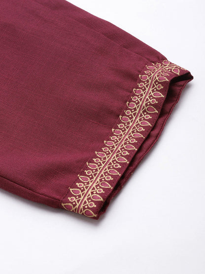 Women's Wine Cotton Blend Panelled Printed Straight Kurta Trouser Set With Dupatta