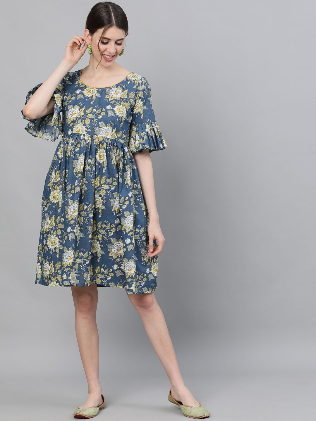 Women's Floral Printed Dress With Ruffle Sleeves