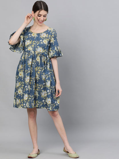 Women's Floral Printed Dress With Ruffle Sleeves