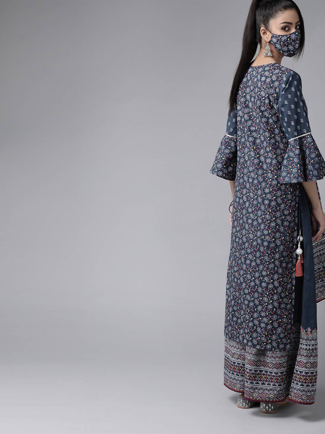 Women's Indigo Cambric Floral Print High-Low Kurta Palazzo Set With Mask