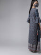 Women's Indigo Cambric Floral Print High-Low Kurta Palazzo Set With Mask