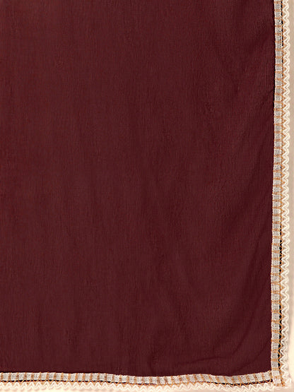 Women's Wine Rayon Panelled Printed A-Line Kurta Trouser Set With Dupatta