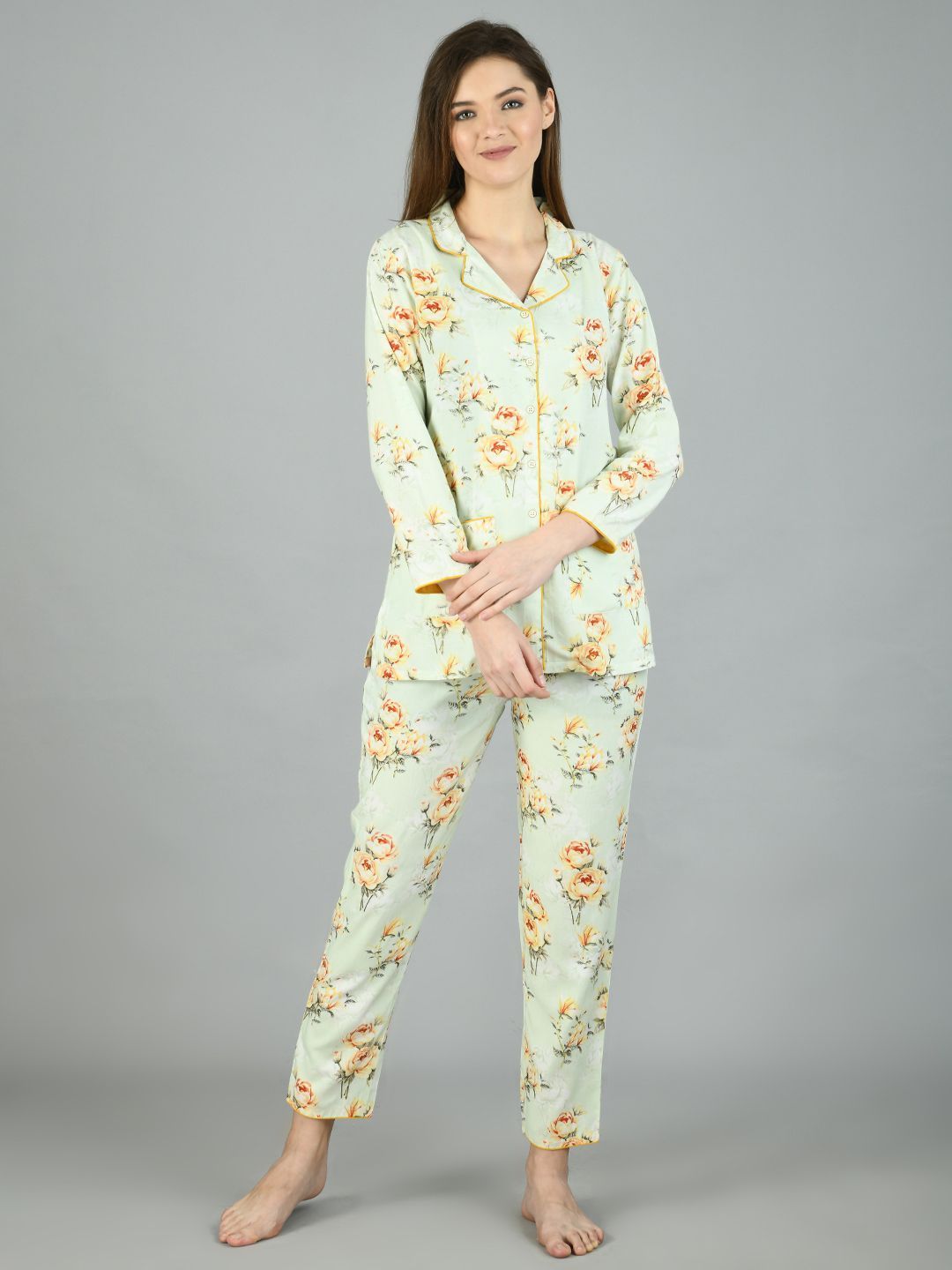 Women's Light Green Cotton Printed Full Sleeve Shirt Collar Casual Shirt Pyjama Set