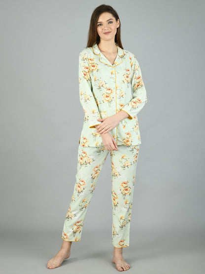 Women's Light Green Cotton Printed Full Sleeve Shirt Collar Casual Shirt Pyjama Set