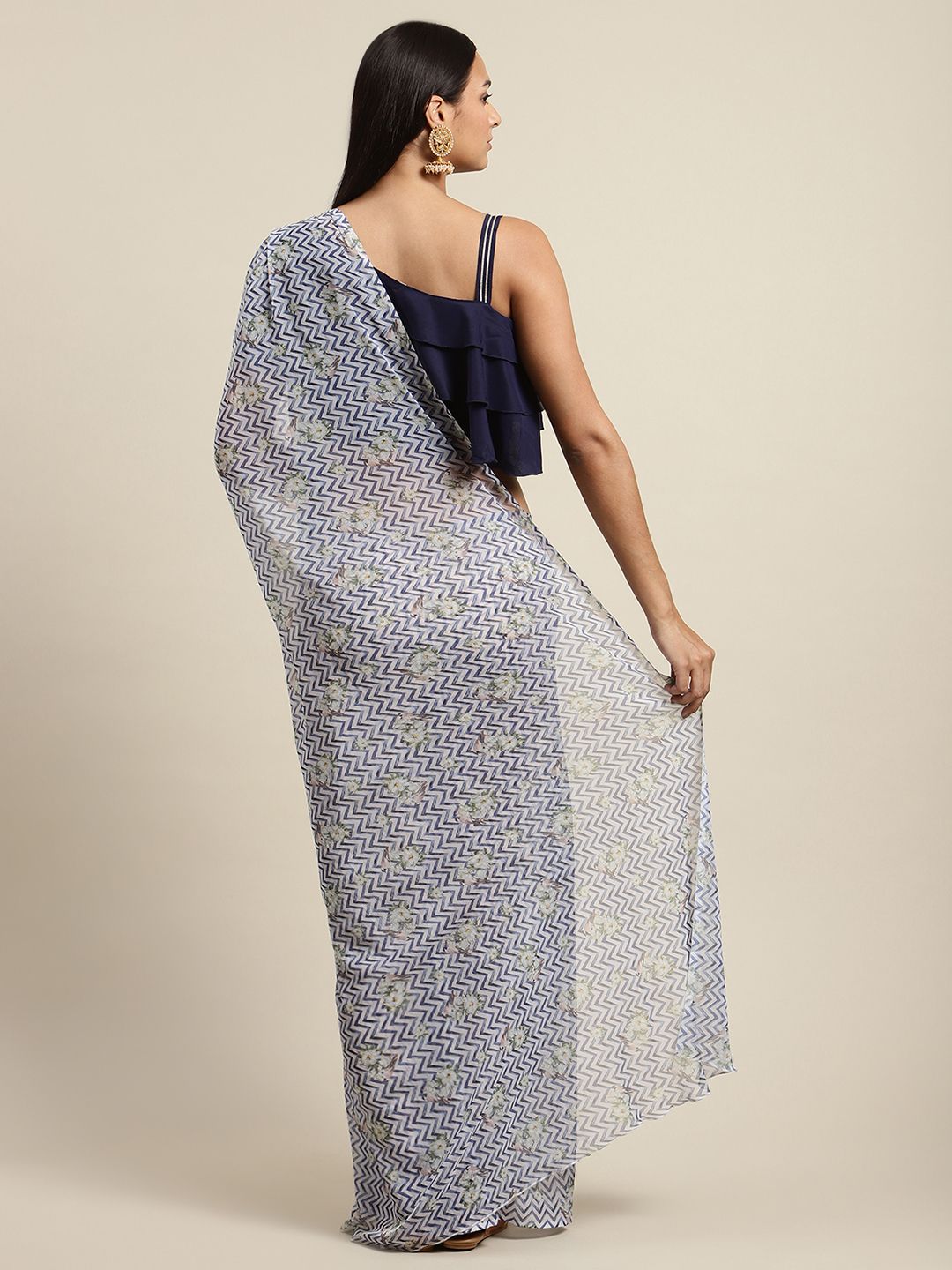 Women's Navy Blue Chiffon Digital Print Chevron Saree