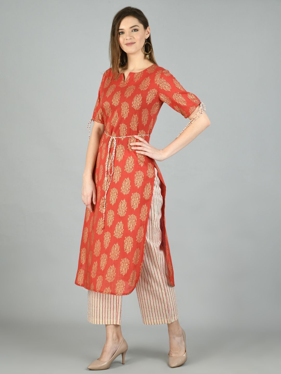 Women's Brown Cotton Printed Half Sleeve Round Neck Casual Kurta Pant Set