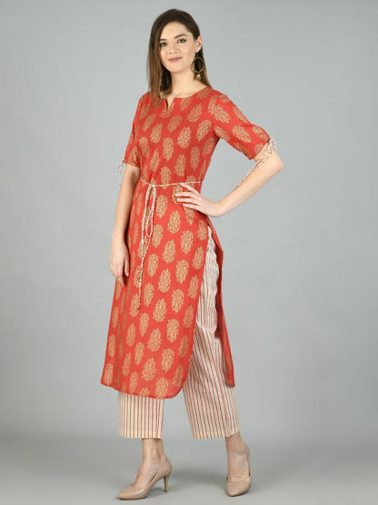 Women's Brown Cotton Printed Half Sleeve Round Neck Casual Kurta Pant Set