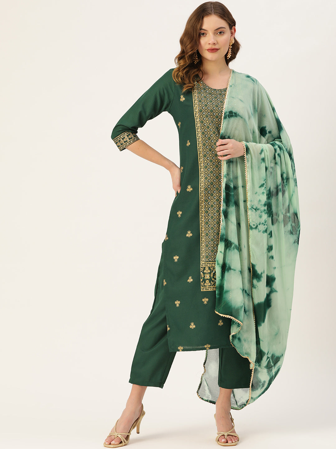 Women's Green Cotton Blend Panelled Printed Straight Kurta Trouser Set With Dupatta