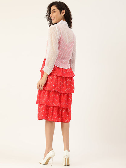 Women's Red Color Chiffon Self Design A-Line Layered Dress