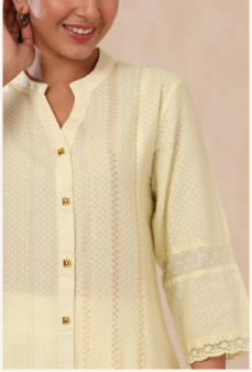 Women's Yellow Cotton Dobby Printed A-Line Kurta with Mask