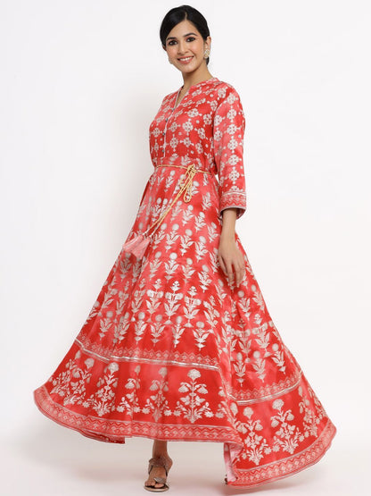 Women's Printed Flared Dress with Waist Tie-up