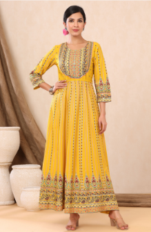 Women's Mustard Rayon Printed Anarkali Dress