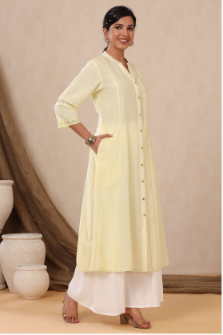 Women's Yellow Cotton Dobby Printed A-Line Kurta with Mask