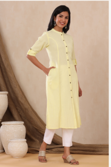 Women's Yellow Cotton Flex Solid A-Line Kurta