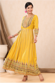 Women's Mustard Rayon Printed Anarkali Dress