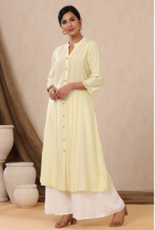 Women's Yellow Cotton Dobby Printed A-Line Kurta with Mask