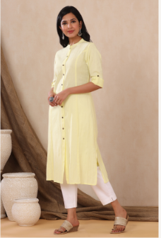 Women's Yellow Cotton Flex Solid A-Line Kurta