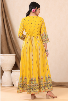 Women's Mustard Rayon Printed Anarkali Dress