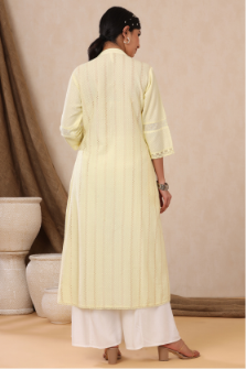 Women's Yellow Cotton Dobby Printed A-Line Kurta with Mask