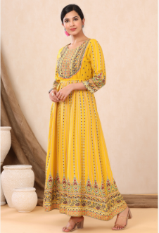Women's Mustard Rayon Printed Anarkali Dress