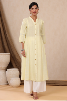 Women's Yellow Cotton Dobby Printed A-Line Kurta with Mask