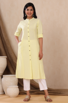 Women's Yellow Cotton Flex Solid A-Line Kurta