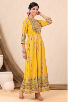 Women's Mustard Rayon Printed Anarkali Dress