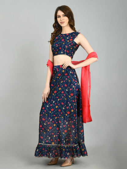 Navy Blue Chanderi Printed Sleeveless Round Neck Casual Blouse Lehenga Dupatta Set