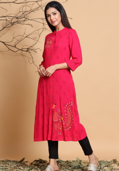 Rayon Slub Ikat Print A-Line Kurta With Mask