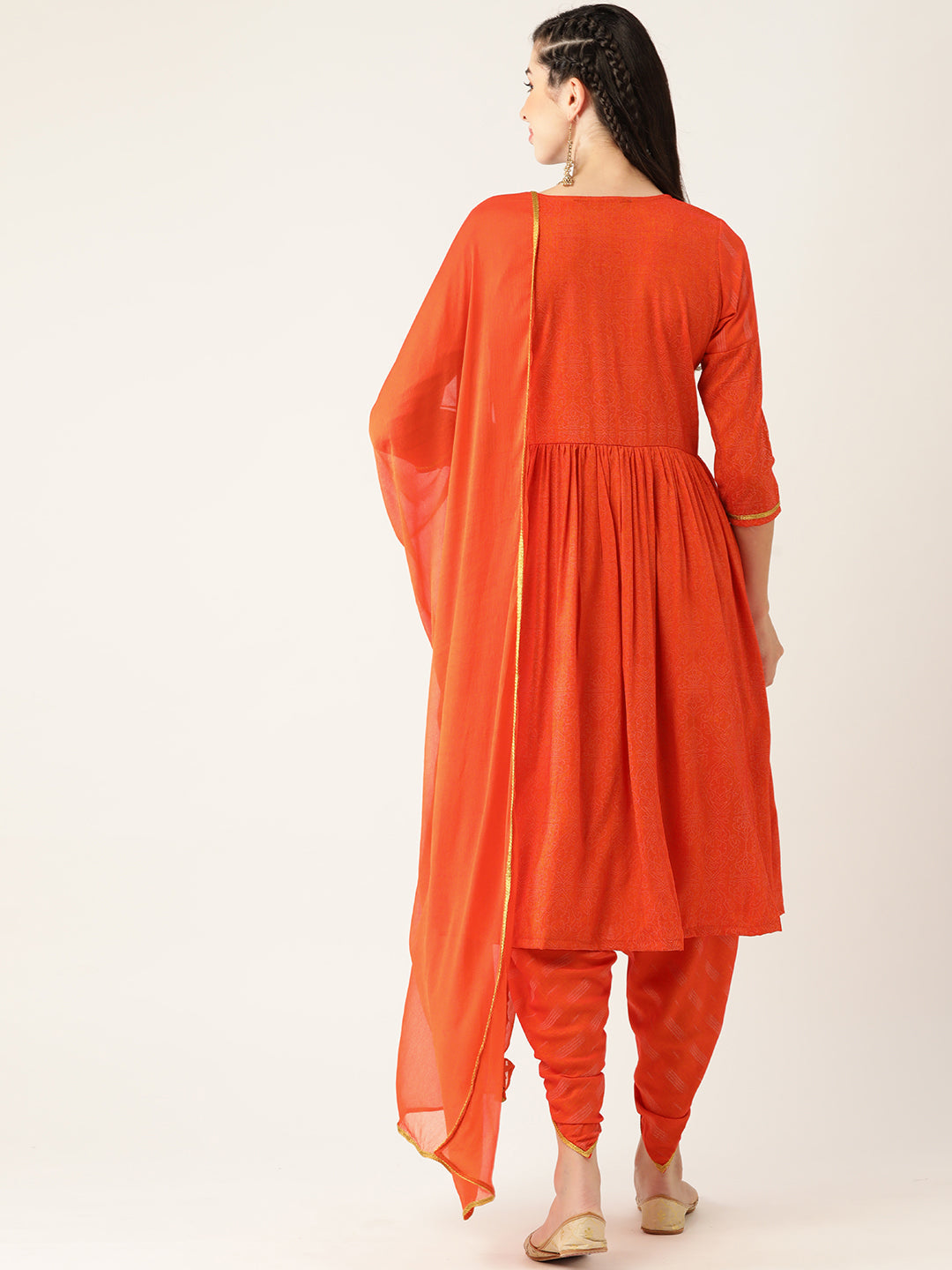 Women's Orange Color Rayon Blend Printed Kurta Dhoti With Dupatta