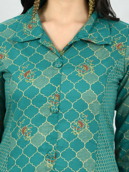 Women's Green Cotton Printed 3/4 Sleeve Shirt Coller Casual Kurta Pant Set