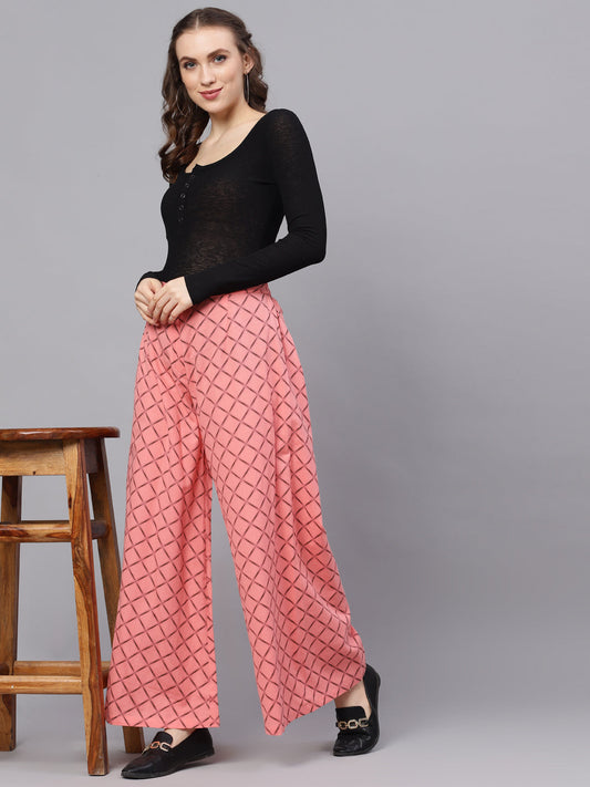 Women's Pink Geometric Print Relaxed Fit Palazzo