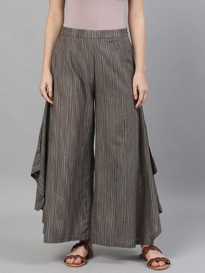 Women's Grey Relaxed Fit Palazzos With Striped Detail