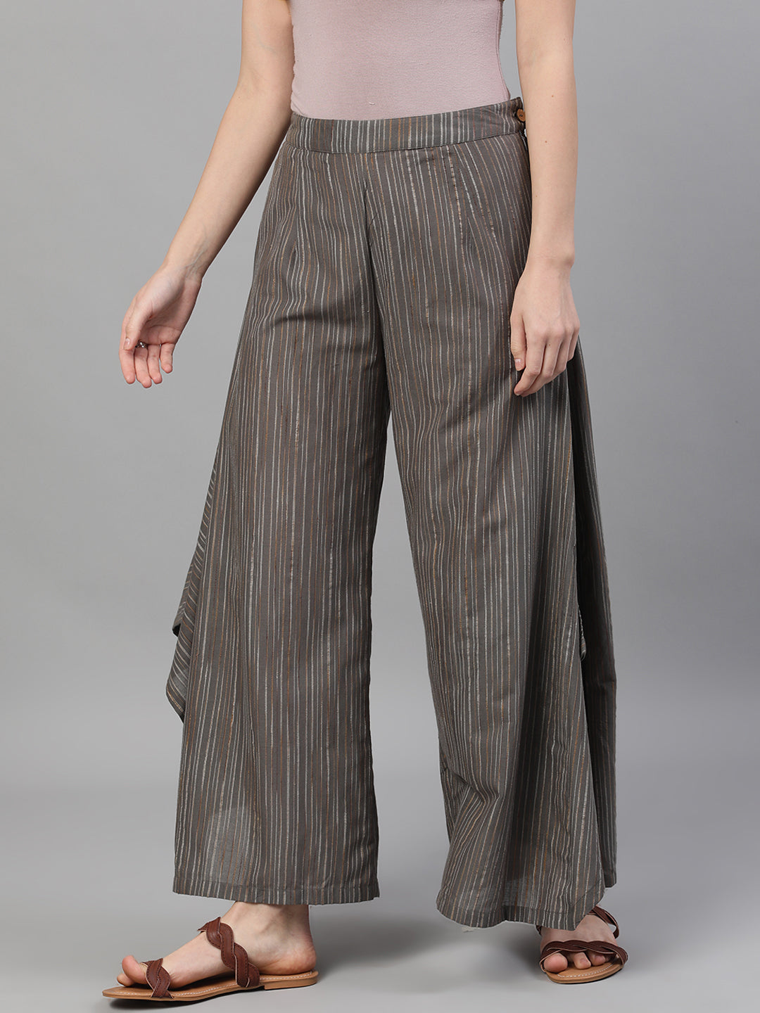 Women's Grey Relaxed Fit Palazzos With Striped Detail