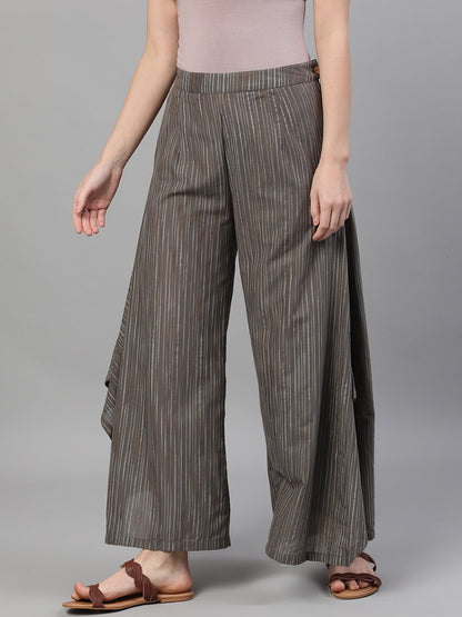 Women's Grey Relaxed Fit Palazzos With Striped Detail