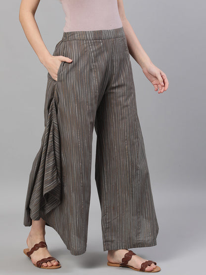 Women's Grey Relaxed Fit Palazzos With Striped Detail