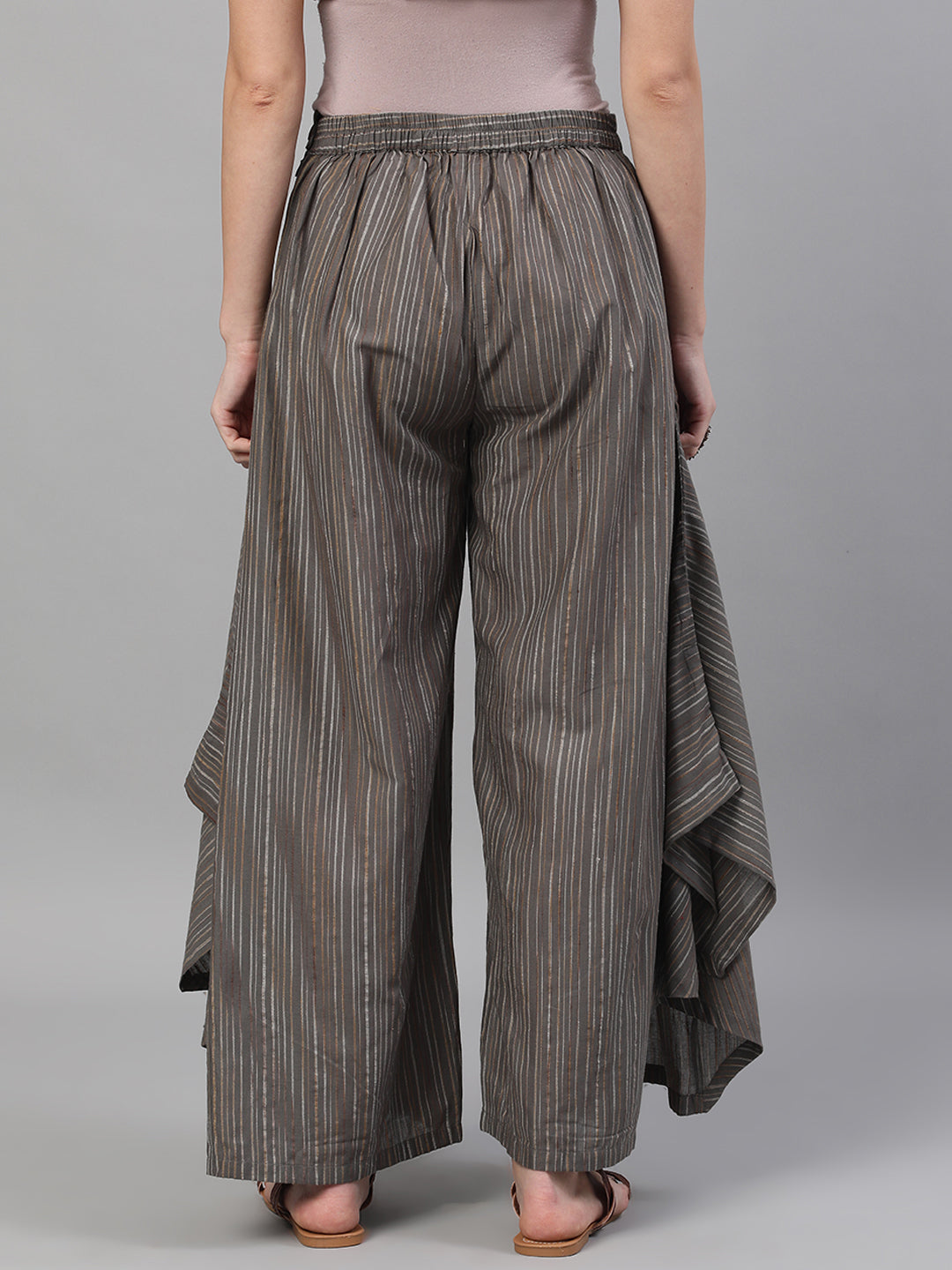 Women's Grey Relaxed Fit Palazzos With Striped Detail