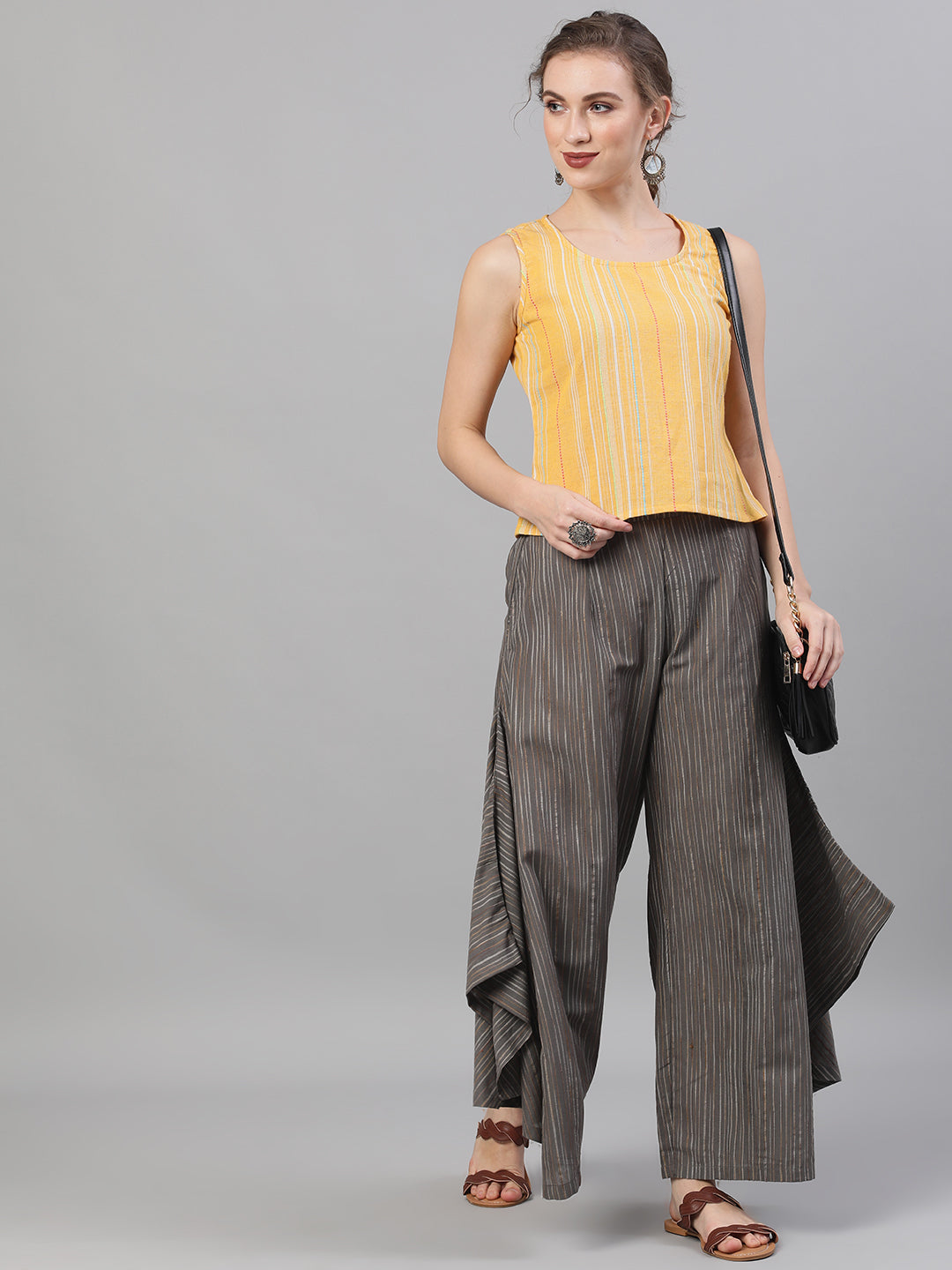 Women's Grey Relaxed Fit Palazzos With Striped Detail