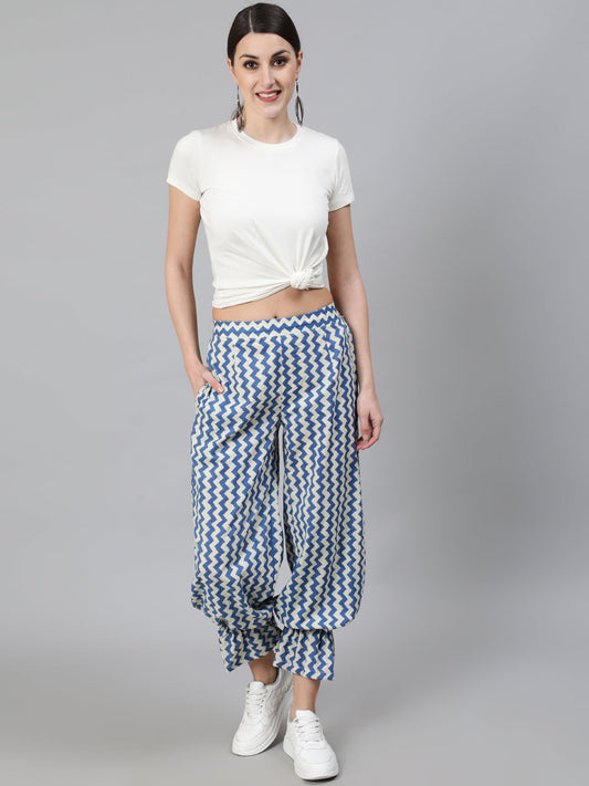 Women's Blue Chevron Print Balloon Palazzo
